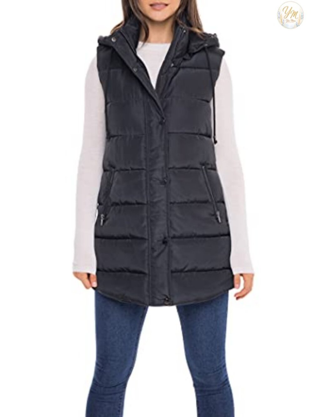 Long Quilted Faux Down Filled Hooded Puffer Vest for Fall Winter